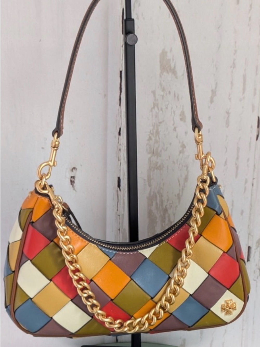 Tory Burch Patchwork Woven Leather 151 Small Crescent Handbag- 3 Carry Options - Picture 2 of 10